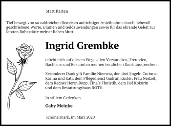 Traueranzeige von Ingrid Grembke von Prenzlauer Zeitung