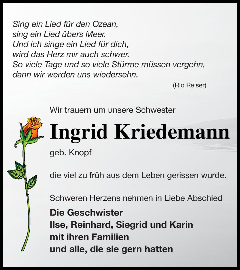  Traueranzeige für Ingrid Kriedemann vom 04.03.2020 aus Haff-Zeitung