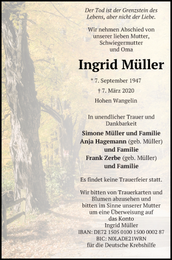 Traueranzeige von Ingrid Müller von Müritz-Zeitung