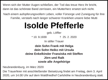 Traueranzeige von Isolde Pfefferte von Neubrandenburger Zeitung