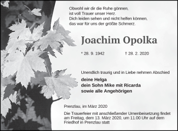 Traueranzeige von Joachim Opolka von Prenzlauer Zeitung