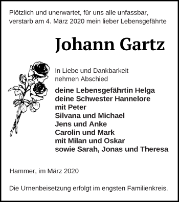 Traueranzeige von Johann Gartz von Haff-Zeitung