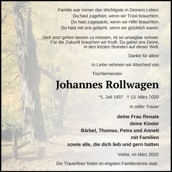 Traueranzeige von Johannes Rollwagen von Müritz-Zeitung