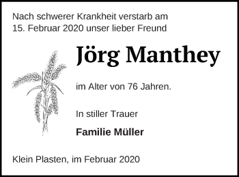 Traueranzeige von Jörg Manthey von Müritz-Zeitung