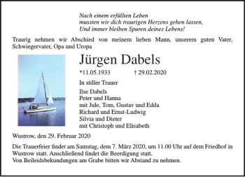 Traueranzeige von Jürgen Dabels von Norddeutsche Neueste Nachrichten