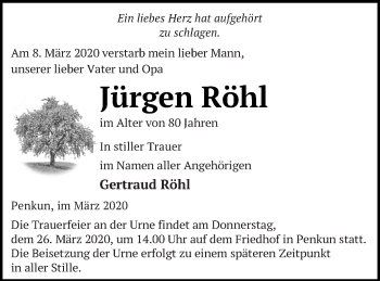 Traueranzeige von Jürgen Röhl von Pasewalker Zeitung