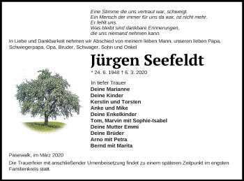 Traueranzeige von Jürgen Seefeldt von Pasewalker Zeitung