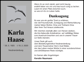 Traueranzeige von Karla Haase von Neubrandenburger Zeitung