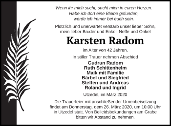 Traueranzeige von Karsten Radom von Demminer Zeitung