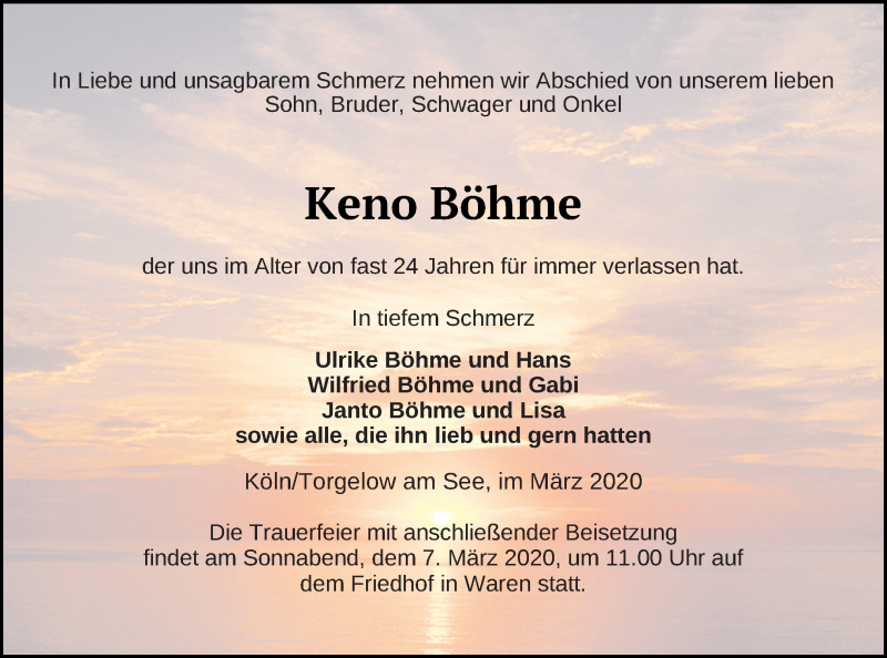  Traueranzeige für Keno Böhme vom 05.03.2020 aus Müritz-Zeitung