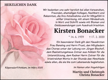 Traueranzeige von Kirsten Bonacker von Vorpommern Kurier