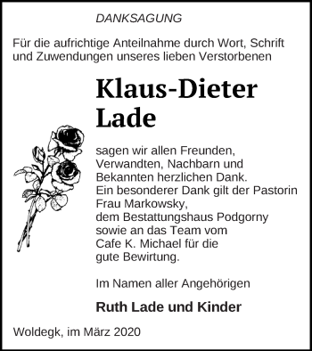 Traueranzeige von Klaus-Dieter Lade von Strelitzer Zeitung