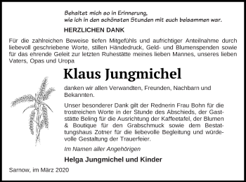 Traueranzeige von Klaus Jungmichel von Vorpommern Kurier