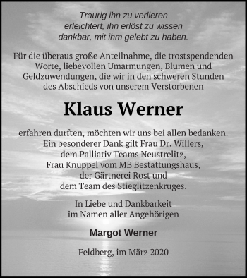 Traueranzeige von Klaus Werner von Strelitzer Zeitung