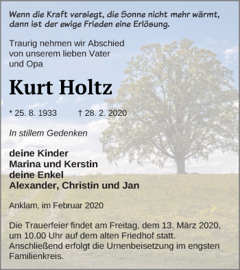 Traueranzeige von Kurt Holtz von Vorpommern Kurier
