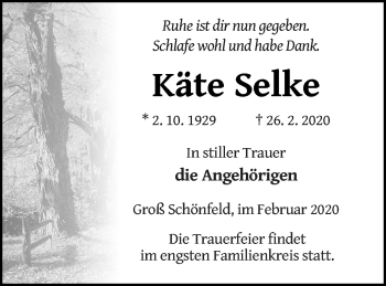 Traueranzeige von Käte Selke von Strelitzer Zeitung