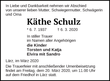 Traueranzeige von Käthe Schulz von Strelitzer Zeitung