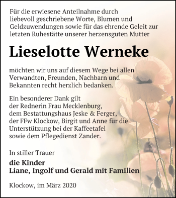 Traueranzeige von Lieselotte Werneke von Prenzlauer Zeitung