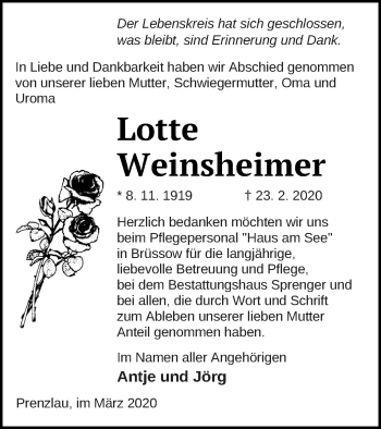 Traueranzeige von Lotte Weinsheimer von Prenzlauer Zeitung