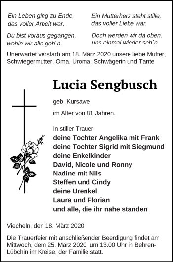 Traueranzeige von Lucia Sengbusch von Mecklenburger Schweiz