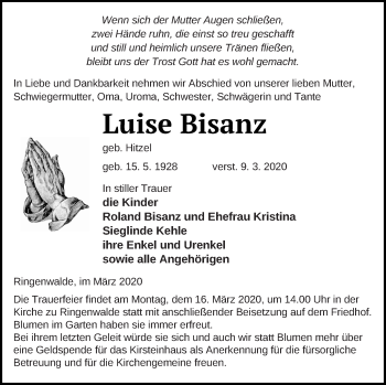 Traueranzeige von Luise Bisanz von Templiner Zeitung