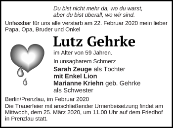 Traueranzeige von Lutz Gehrke von Prenzlauer Zeitung