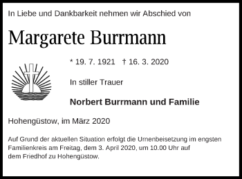 Traueranzeige von Margarete Burrmann von Prenzlauer Zeitung