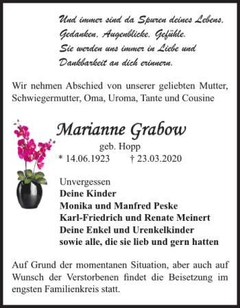 Traueranzeige von Marianne Grabow von Der Prignitzer