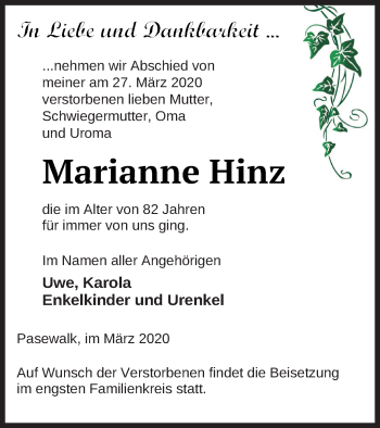 Traueranzeige von Marianne Hinz von Pasewalker Zeitung