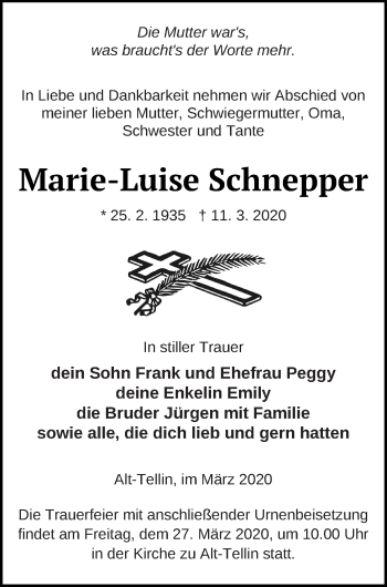 Traueranzeige von Marie-Luise Schnepper von Vorpommern Kurier