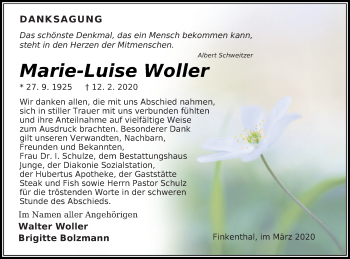 Traueranzeige von Marie-Luise Woller von Mecklenburger Schweiz