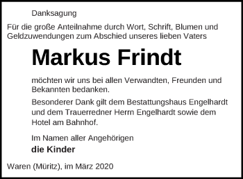 Traueranzeige von Markus Frindt von Müritz-Zeitung