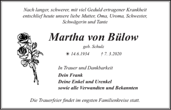 Traueranzeige von Martha von Bülow von Parchimer Zeitung