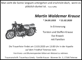 Traueranzeige von Martin Waldemar Krause von Mecklenburger Schweiz