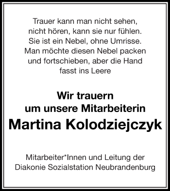 Traueranzeige von Martina Kolodziejczyk von Neubrandenburger Zeitung