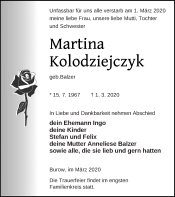 Traueranzeige von Martina Kolodziejczyk von Neubrandenburger Zeitung