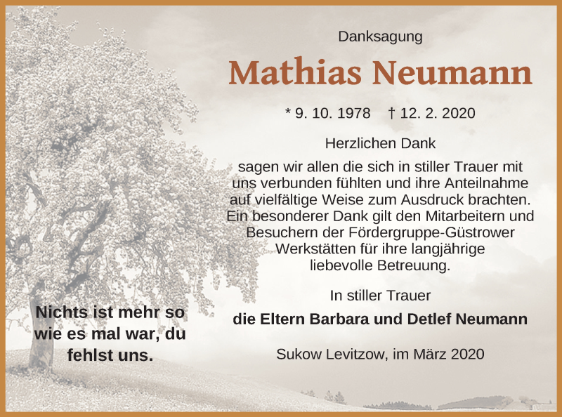  Traueranzeige für Mathias Neumann vom 28.03.2020 aus Mecklenburger Schweiz