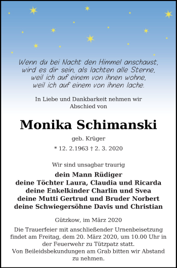 Traueranzeige von Monika Schimanski von Neubrandenburger Zeitung