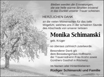 Traueranzeige von Monika Schimanski von Neubrandenburger Zeitung