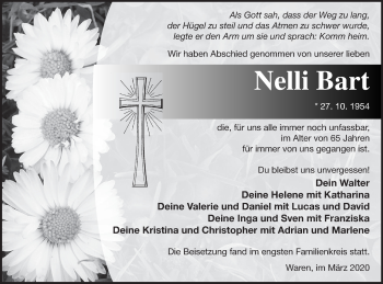 Traueranzeige von Nelli Bart von Müritz-Zeitung