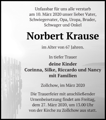 Traueranzeige von Norbert Krause von Prenzlauer Zeitung