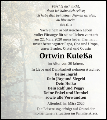 Traueranzeige von Ortwin Kuleßa von Müritz-Zeitung