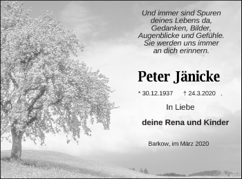 Traueranzeige von Peter Jänicke von Neubrandenburger Zeitung