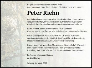 Traueranzeige von Peter Riehn von Pasewalker Zeitung