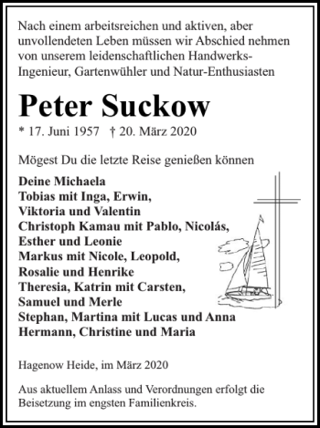 Traueranzeige von Peter Suckow von Hagenower Kreisblatt