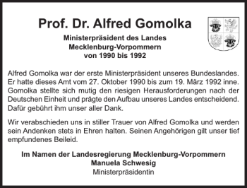 Traueranzeige von Prof. Dr. Alfred Gomolka von Zeitung für die Landeshauptstadt