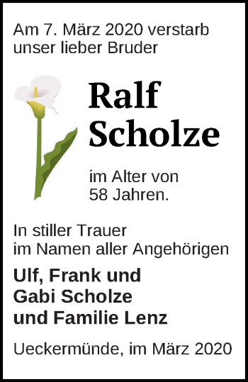 Traueranzeige von Ralf Scholze von Haff-Zeitung