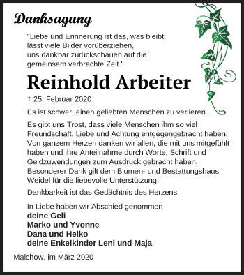 Traueranzeige von Reinhold Arbeiter von Müritz-Zeitung