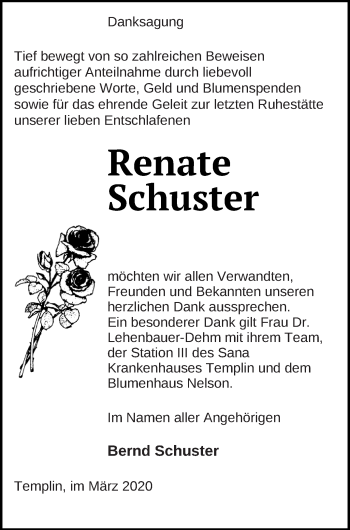 Traueranzeige von Renate Schuster von Templiner Zeitung