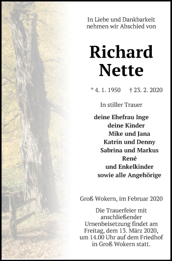 Traueranzeige von Richard nette von Mecklenburger Schweiz